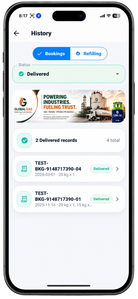 Global Gas mobile app booking screen