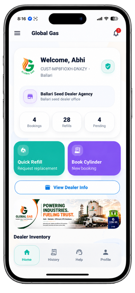 Global Gas mobile app home screen